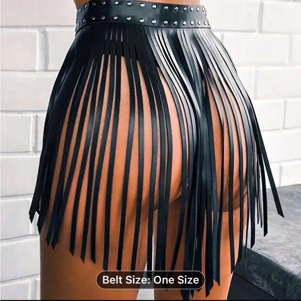 🔥 Black Leather Fringe belt Skirt, Very Sexy & Fashionable adjustable NWOT